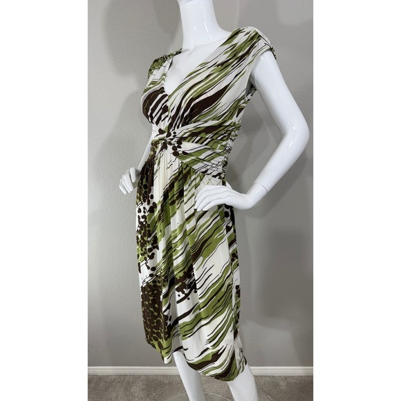 VTG BCBG Paris Dress Sz M Stretchy Y2K Ruched Jersey White Green Brown - Picture 9 of 9